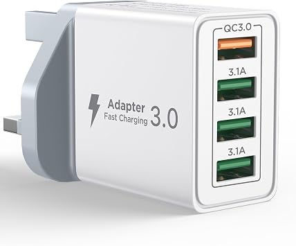 USB Plug Charger, 4-Port USB Fast Charger Plug with 33W Intelligent Quick Charge 3.0 Wall Charger, Multi USBPower Adapter UK Fast Charging for iPhone 15 14 13 Pro Max X 8 7 6,Samsung S21 S20 S10 S9