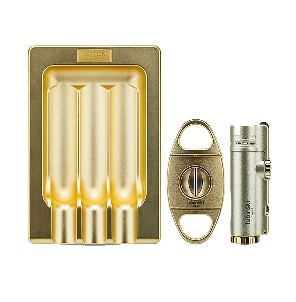 LUBINSKI Luxury Cigar Ashtray Torch Lighter and Cigar Cutter Set, 4 Jet
