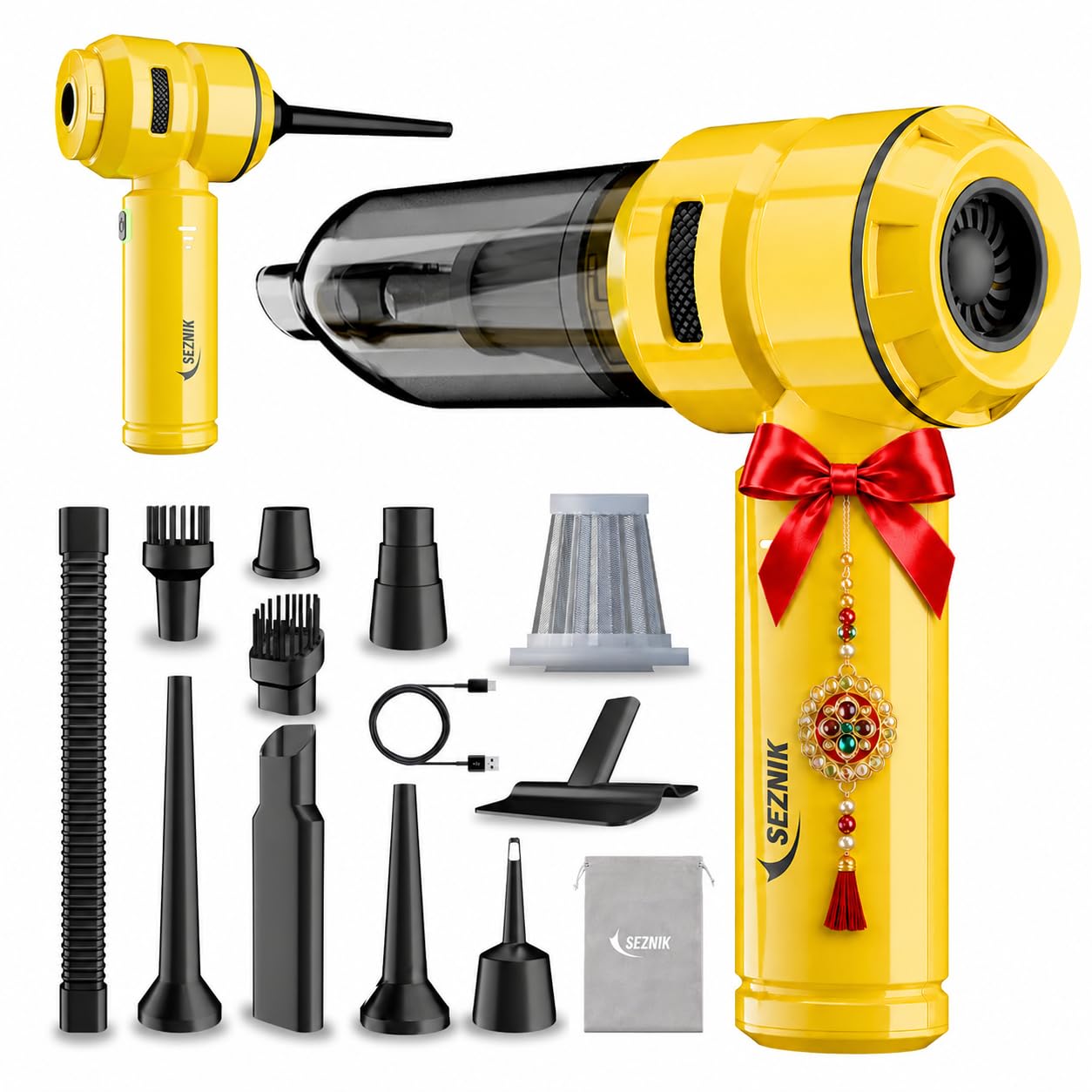 SEZNIK Vacuum Cleaner for Home Use | Car Use | Gift for Rakhi | Rechargeable 6000mAh | 3 Speed Suction Upto 18000PA | BLDC Motor | Clean Sofa, Curtains, More | Gift for Dad | 1 Yr Warranty
