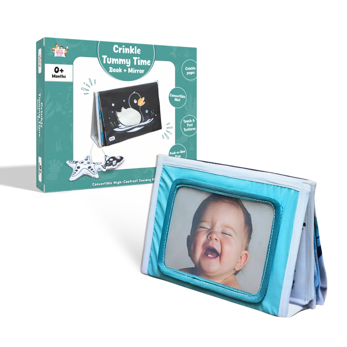 5-in-1 Baby Tummy Time Crinkle Book & Convertible High-Contrast Mat with Rattles & Mirror | Sensory Book for Newborns & Infants (0–1 Year) | Cloth Book for Tummy Time & Early Development