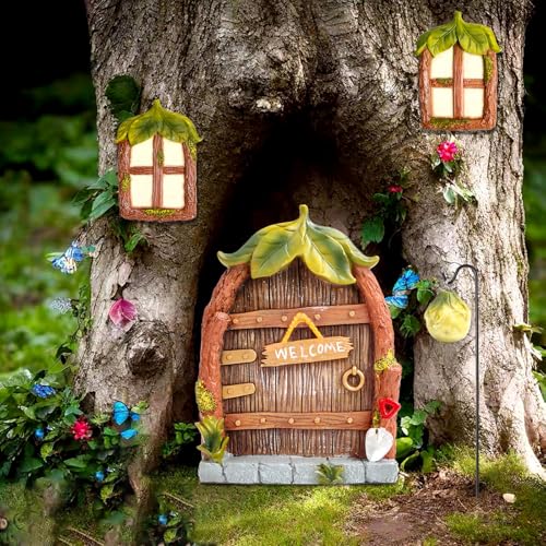 Feirdhoo Casa de fadas decoração de jardim, porta de fadas e porta de árvore para jardins, 4 peças de porta de fadas material de resina para exteriores no escuro, resina em miniatura jardim