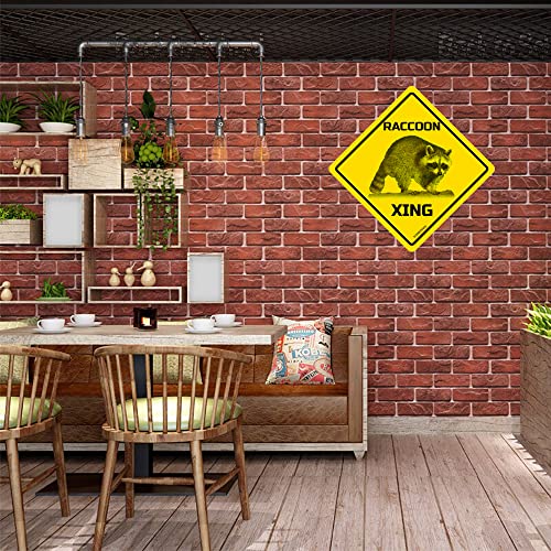 Image of Raccoon Xing Crossing Sign Funny Novelty Metal Tin Sign for Bar Club Country Home Coffee Shop Indoor& Outdoor Decor Yellow Street Sign 12X12inch | Fit for Bar Club Country Home Coffee Shop Wall Decor Indoor& Outdoor Use.