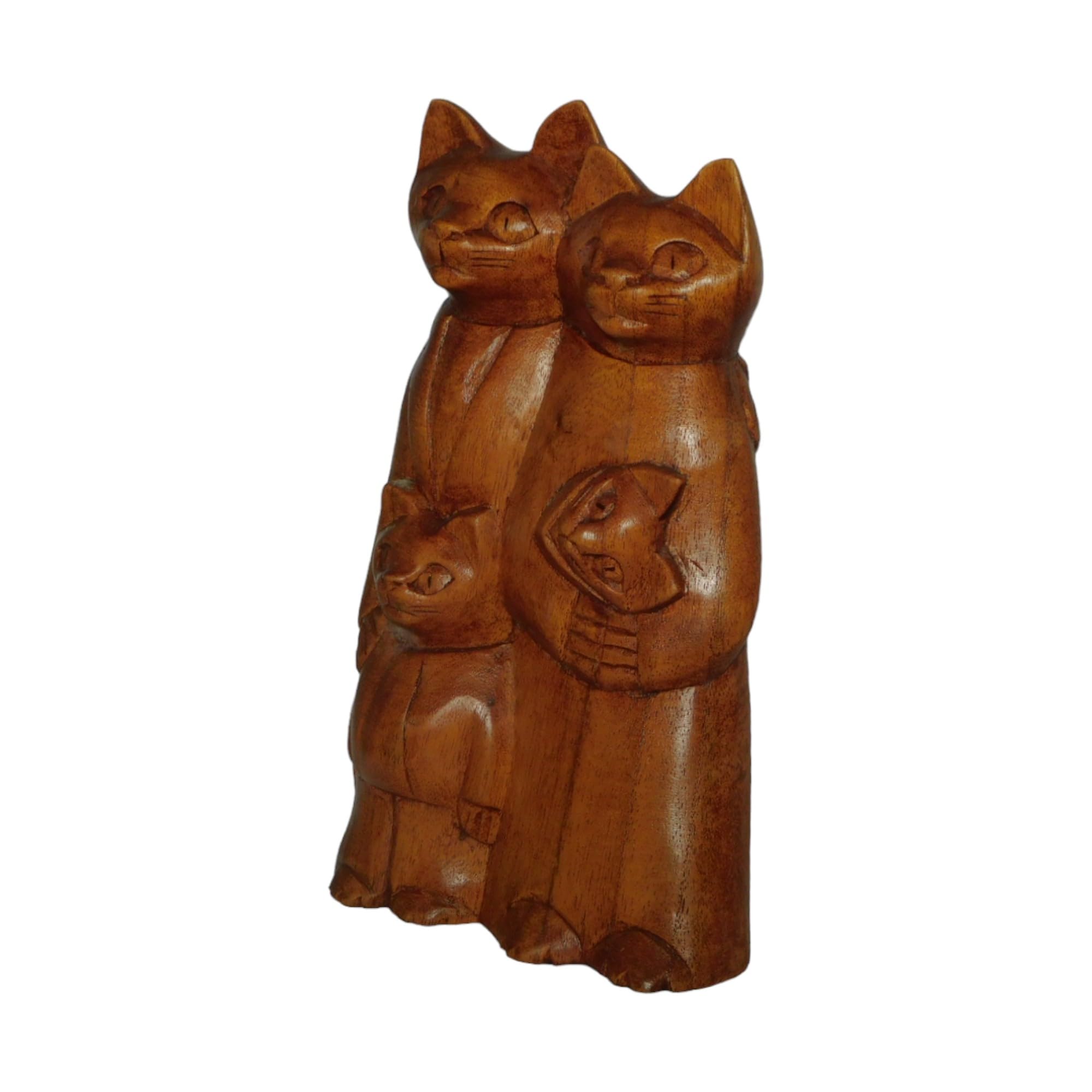Brave Wings Hand Carved Wooden Cat ~ Family of Cats 21cm High ~ Ornament Sculpture Figurine Statue Unique Table Decoration Home Decor ~ 5190