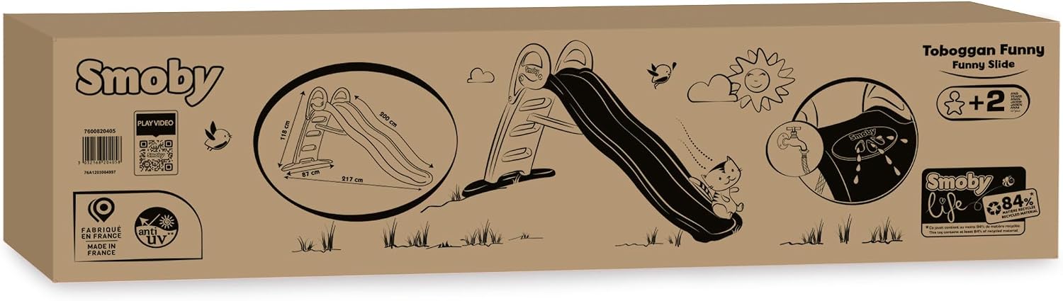 Packaging box for the Smoby Funny Slide, showing product illustrations and dimensions.