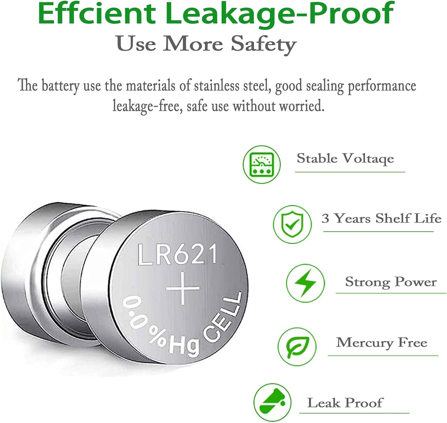 Diagram illustrating battery features: stable voltage, 3-year shelf life, strong power, mercury-free, leak-proof