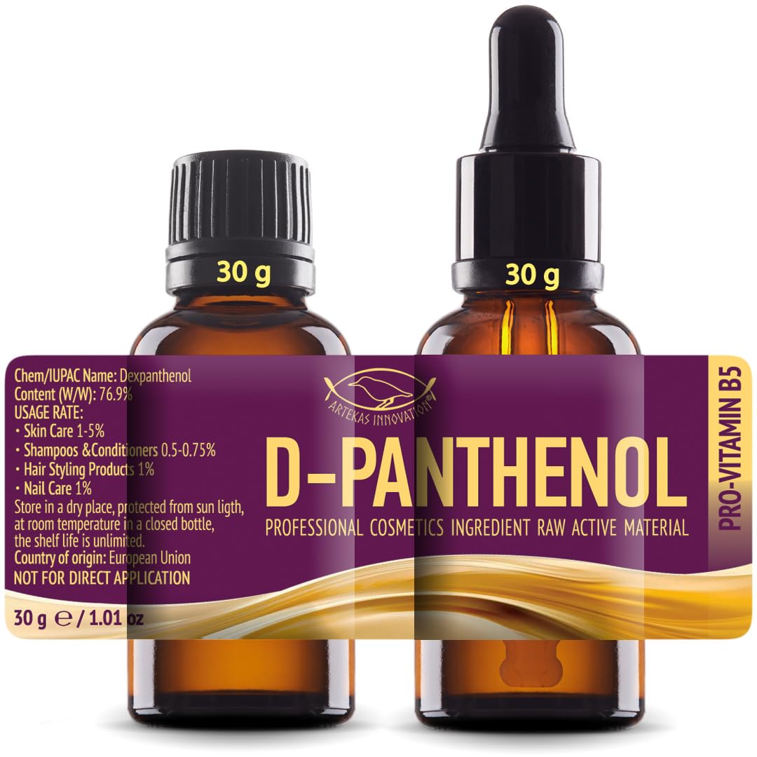 D‑Panthenol 76.9% Concentrate – Cosmetic Grade Pro‑Vitamin B5 – for DIY Serums, Creams & Hair Care - 2 vials of 1 Ounce Each - with Pipette and Screw Cap