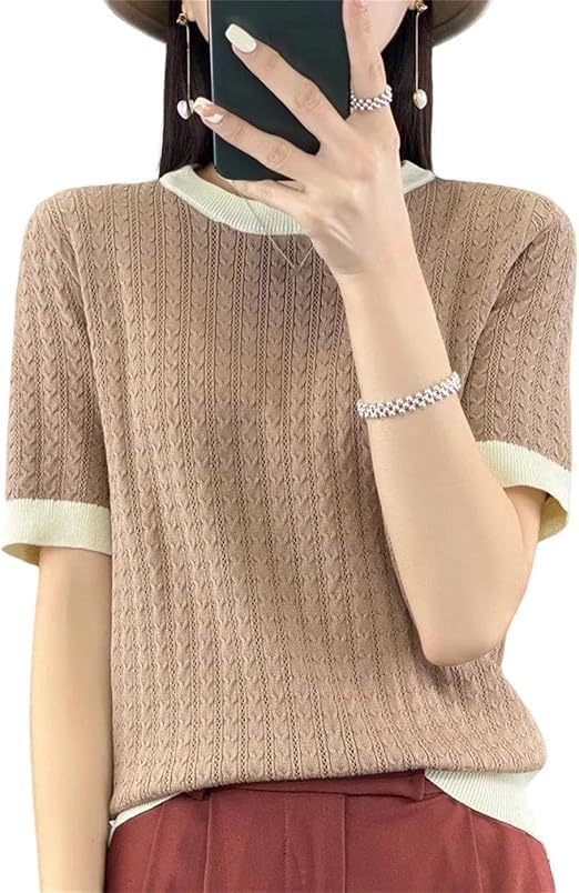 Women's Cable Knit Short Sleeve Sweater, Contrast Trim Crew Neck Top, Casual Pullover