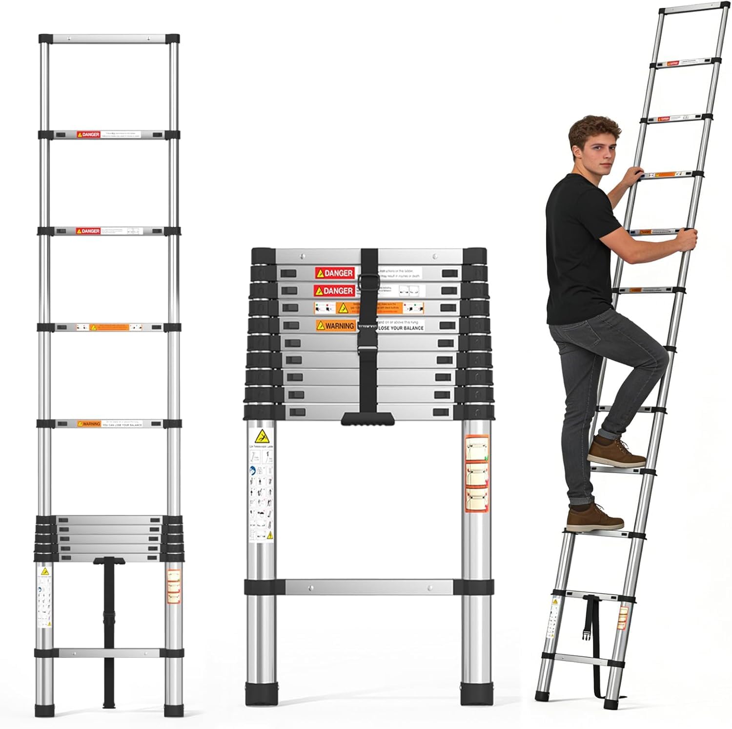 3.2m Telescopic Ladder - Stainless Steel Folding Ladder for Loft & Home, Heavy Duty 150kg Capacity, Portable Compact Design for Caravan Cleaning, Roof Access & DIY Projects