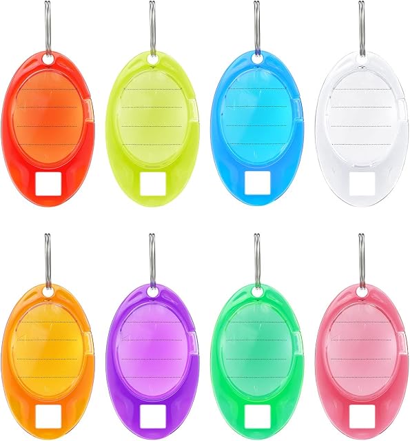 Uniclife 24 Pack Oval Key Tags Colorful Tough Plastic Key Chain Tags with Ruled Paper Labels Clear Windows and Split Rings Sturdy Item Identifiers, 8 Colors