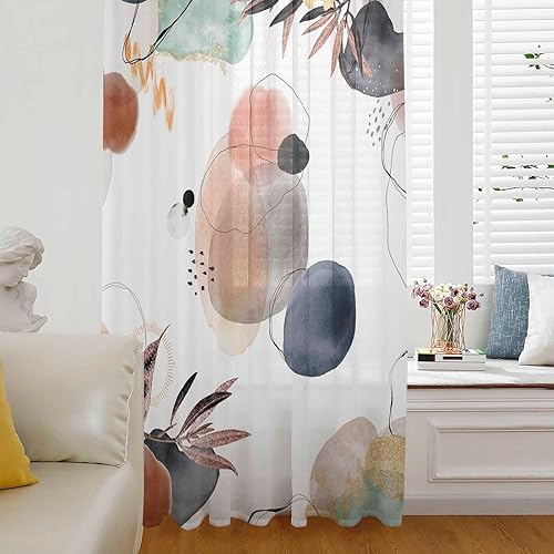 Boho Abstract Window Curtains 96 Inches Long,Semi Sheer Rod Pocket Chiffon Curtains & Drapes Drapery Voile Draperies Window Treatment for Living