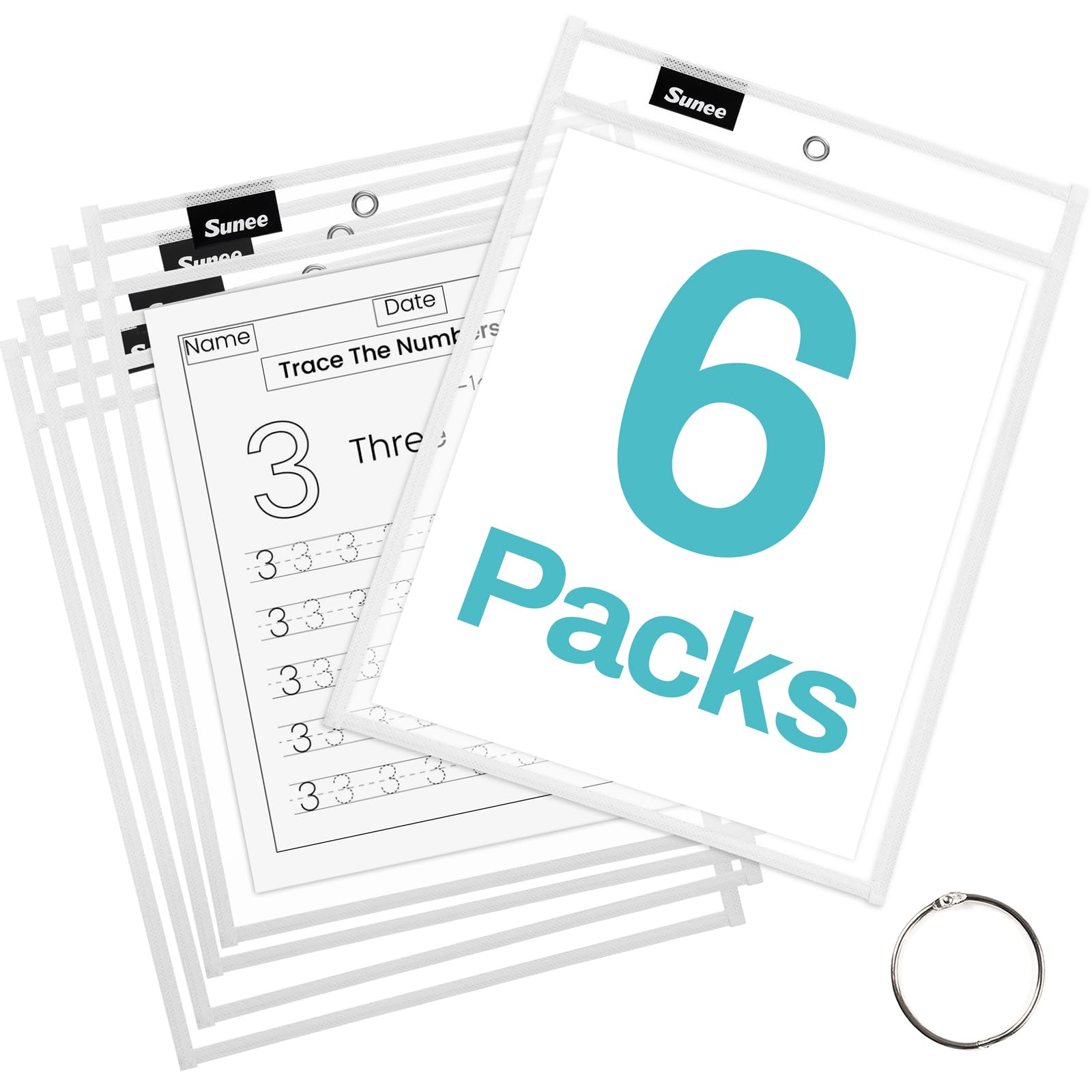 SUNEE 6 Packs Oversized Reusable Dry Erase Pocket Sleeves with Ring, White 10x14 Ticket Holders, Clear Plastic Sheet Protectors, Teacher School Classroom Supplies