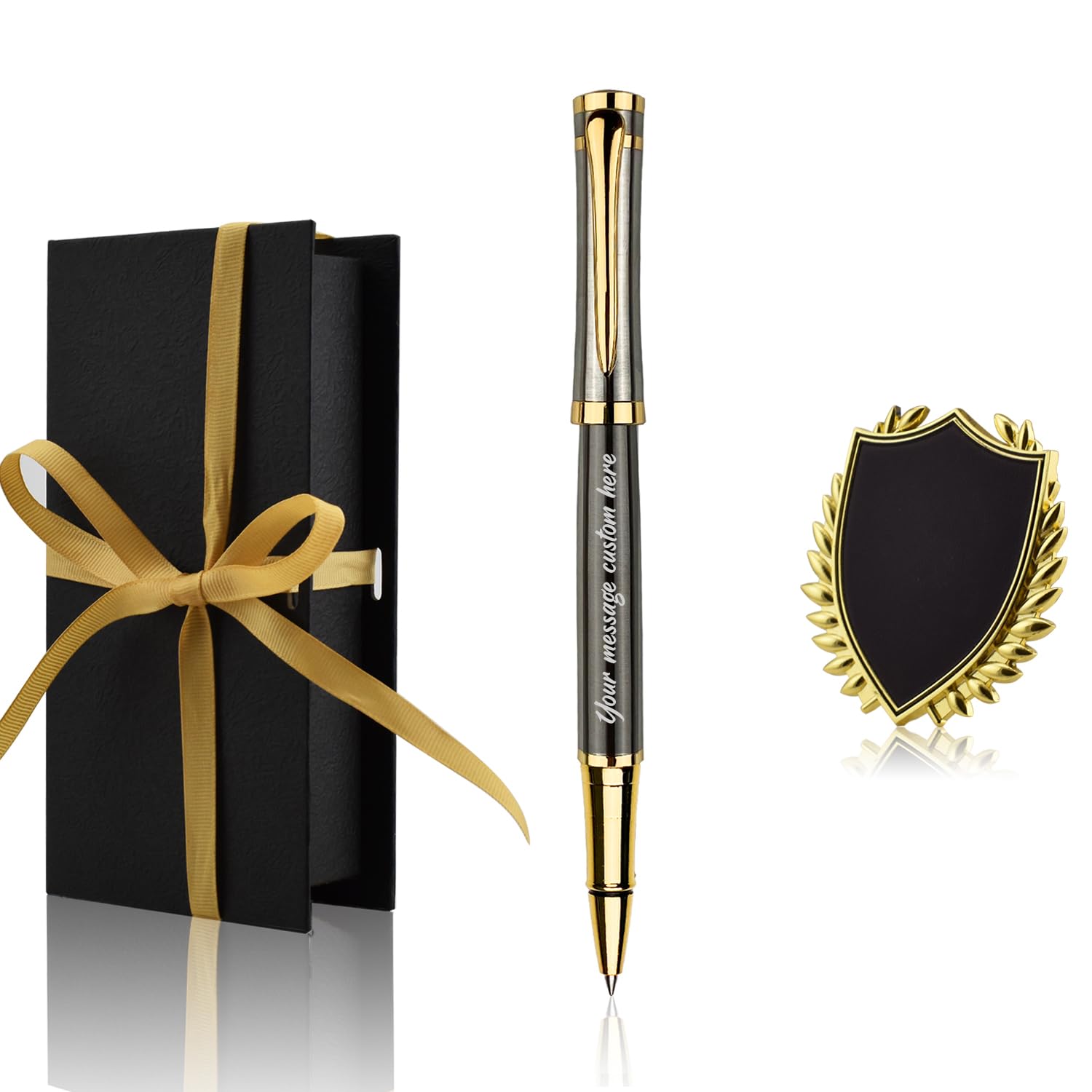 Yastar Customized Gift Pen with a Custom badge Luxury Rollerball Pen with Pen Box 2 extra Black Refills - Custom with Names Message on the Pens -Gift