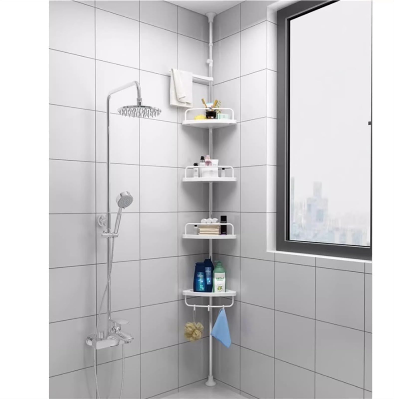 Standregal Eckregal Eckregale Duschablage Mit Spannstange, Verstellbares Eckregal Aus Edelstahl Mit 4 Etagen, Standregal Für Badezimmer Eckablage Aufbewahrungsregal(Height 95-250cm)