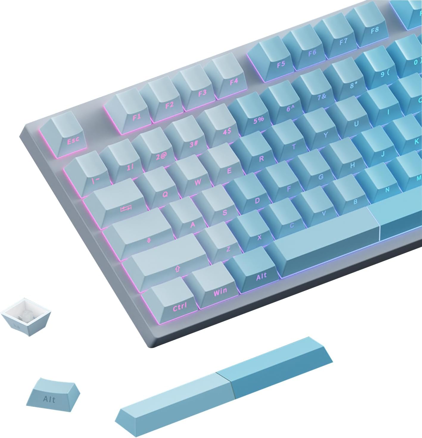 Gradient Blue Side-Print Shine-Through PBT Keycaps, 121 Keys Cherry Profile, Smooth Left-to-Right Gradient, Dual-Tone Spacebar with Light Strip, for MX Switches, for Keyboards with LED Facing South