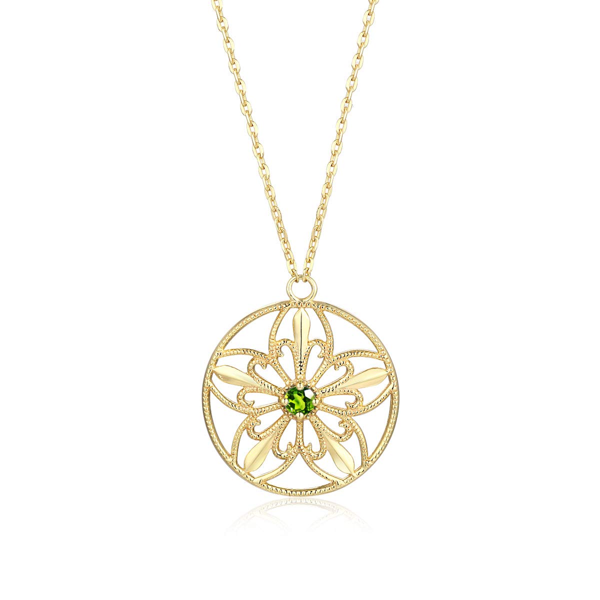 Collar de olivino natural largo para mujer con flor y acabado oro 2