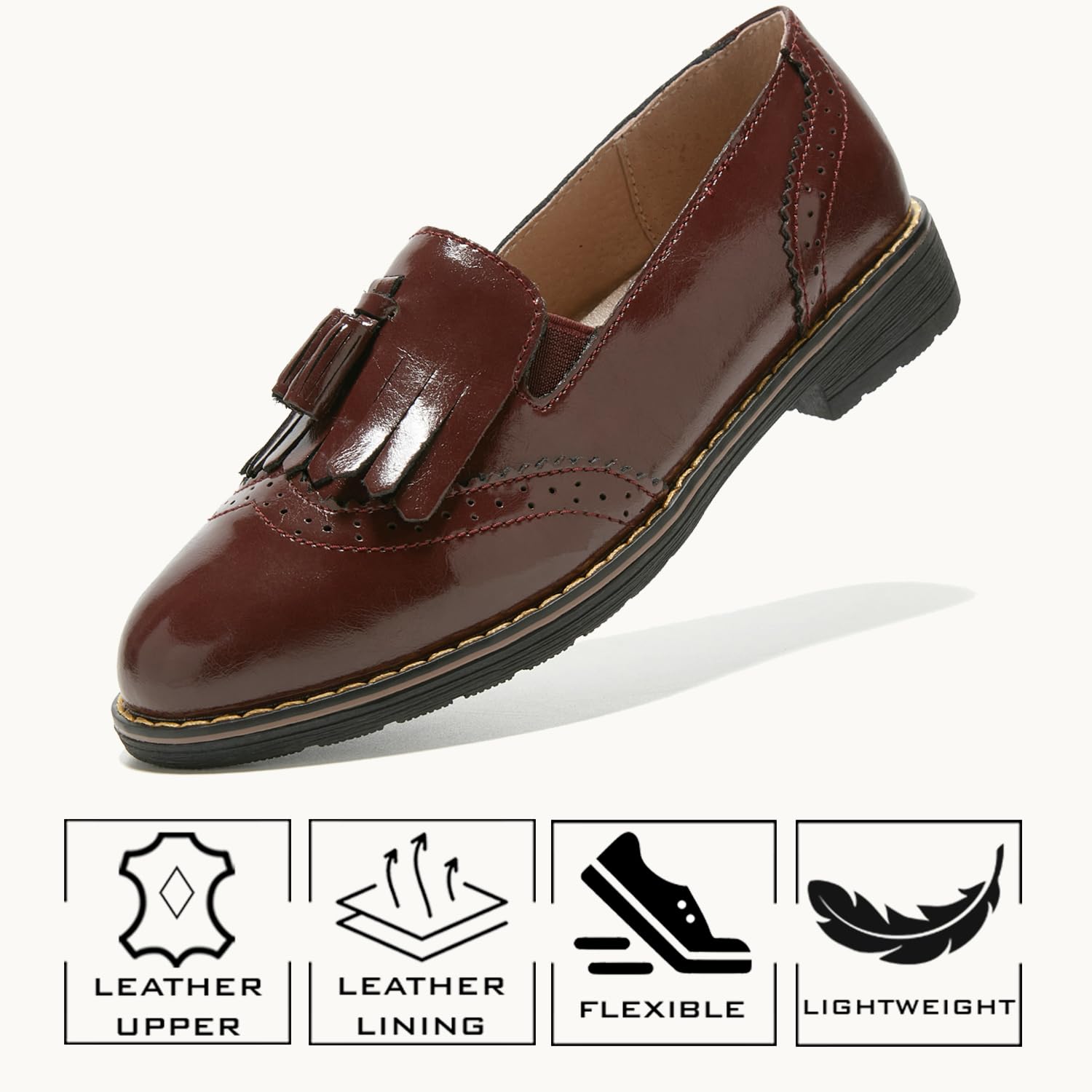 TRULAND Women’s Leather Penny Loafers – Slip On Wingtip Oxfords Tassel Loafers Comfortable Casual Dressy Shoes for Office Work