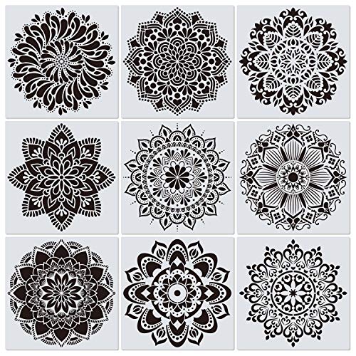 Image of CZONG 9 Pack 12 X 12 Inch Large Rangoli Stencils Mandala Stencil Laser Cut Painting Template For Diy Art|Wall Stencil|Tile Stencil|Floor Stencils-Wall Stencils For Painting Large Pattern