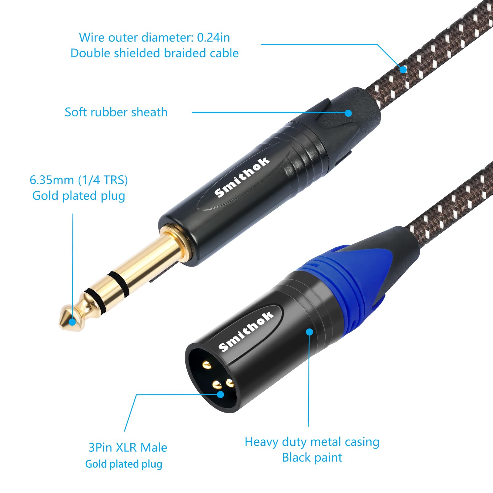 2Pack 1/4" to XLR Cable,Heavy Duty Nylon Braided,Gold Plated Plug,Balanced 1/4" TRS (Quarter Inch 6.35mm) to 3pin XLR Male Patch Cable, Microphone Cable-3.3ft