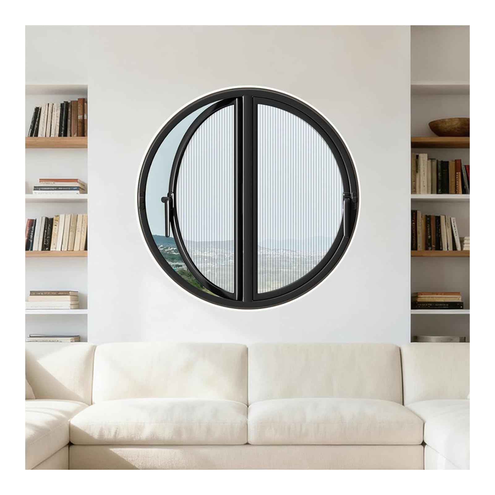 Ventana Ventana Abatible Redonda, Ventanas De Vidrio Transparente De Doble Apertura con Mango para Baño, Sala De Estar, Cocina, Decoración del Hogar(Black,107 cm/42.1 in)