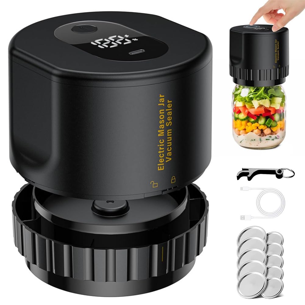 Electric Mason Jar Vacuum Sealer Kit, Vakuumversiegelungsmaschine für Lebensmittel mit LED Anzeige, Einmachglas Versiegelungs Set für die Lebensmittellagerung für Breite und Normale Öffnung (Schwarz)