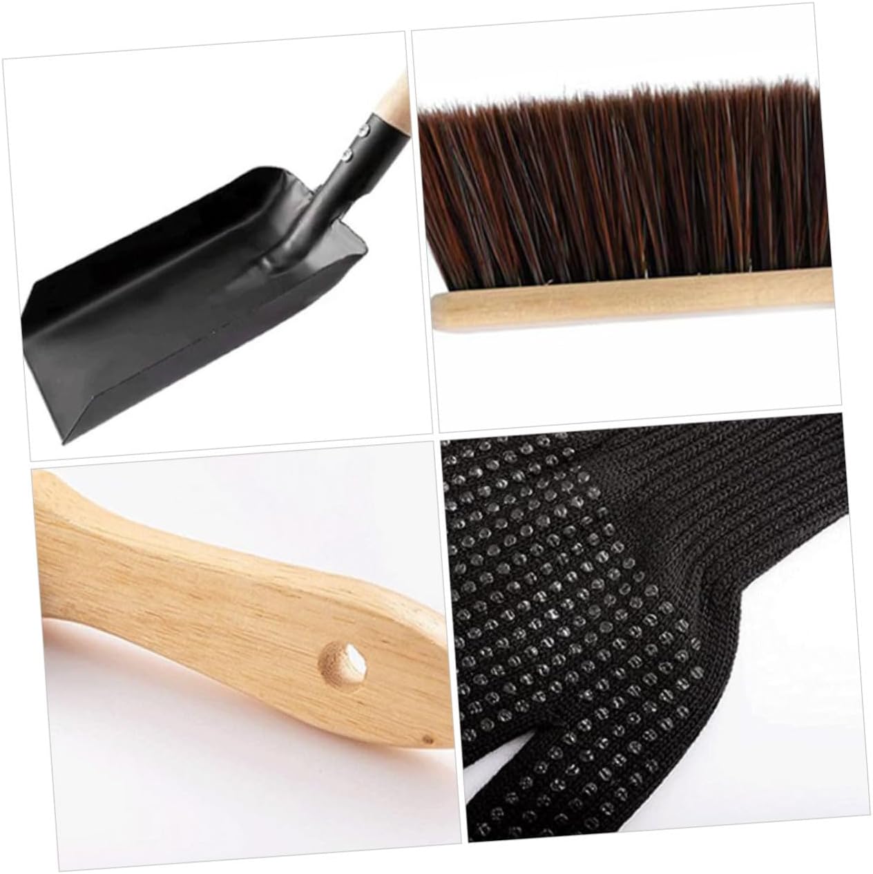 Fire-Resistant Silicone Gloves Fireplace Cleaning Kit with Carbon Steel Shovel and Hard Bristle Brush Wooden Handle Ash Sweeper Set for Stove and Fireplaces Easy Storage Hook