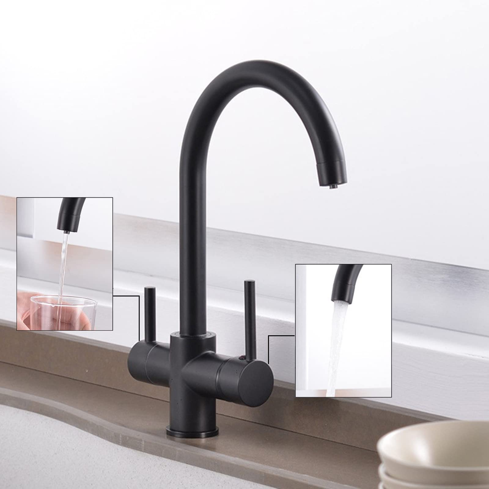 Grifo de cocina con filtro de 3 vías negro con boquilla giratoria de 360 grados, purificador de agua potable, grifo mezclador para fregadero