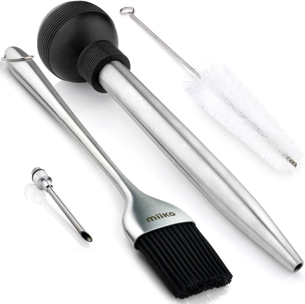 Steel Turkey Baster & Barbecue Basting Brush, with Flavor Injector and Cleaning Brush - By MiiKO: Home & Kitchen