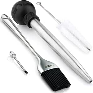 Steel Turkey Baster &amp; Barbecue Basting Brush, with Flavor Injector and Cleaning Brush - By MiiKO