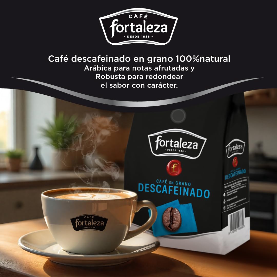 CAFÉ FORTALEZA Café en Grano Natural Descafeinado Pack 6x500g (3Kg) Compatible con Cafeteras Espresso y Superautomáticas - Café Grano Descafeinado Suave Con Variedad Arábica y Robusta