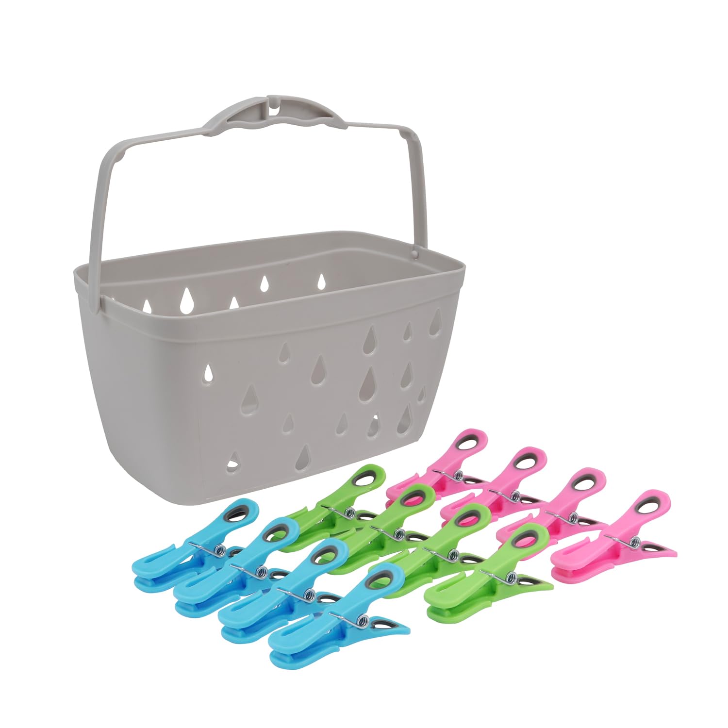 Jvl Grey Plastic Peg Basket, With 48 Prism Clip Pegs With Hooks, Multi