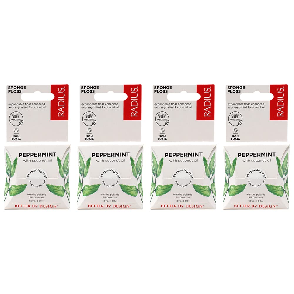 RADIUS Peppermint Dental Floss 55 Yards Vegan & Non-Toxic Oral Care Boost & Designed to Help Fight Plaque Clear - Pack of 4