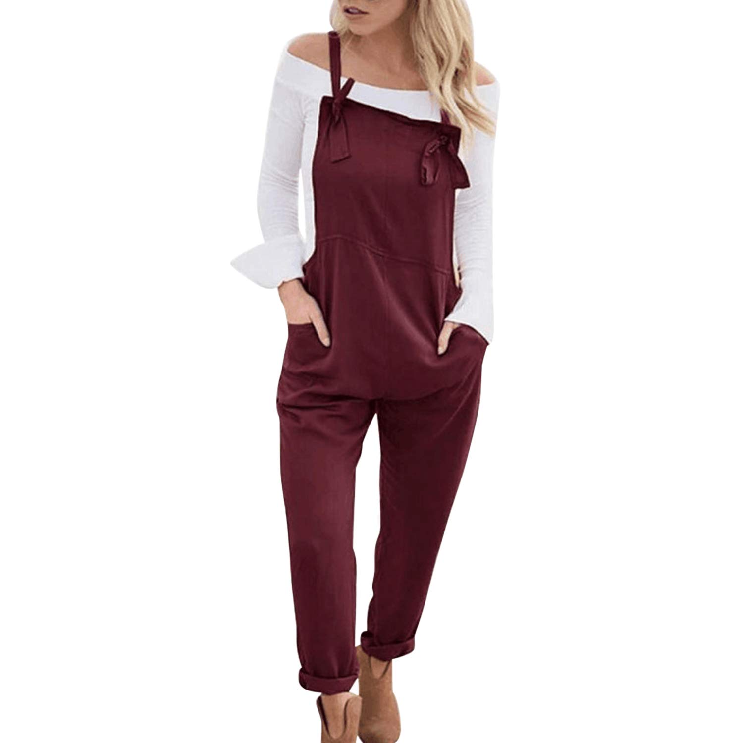 Runstarshow Womens Linen Overalls Baggy Adjustable Strap Sleeveless Jumpsuit Playsuit Bib Pants Dungarees with Pockets