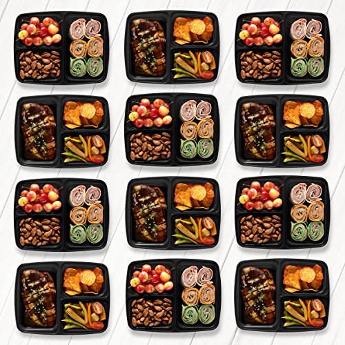Image of 3 Compartment Portion Control Lunch Box and Food Storage Container Set , Pack of 14 , Black