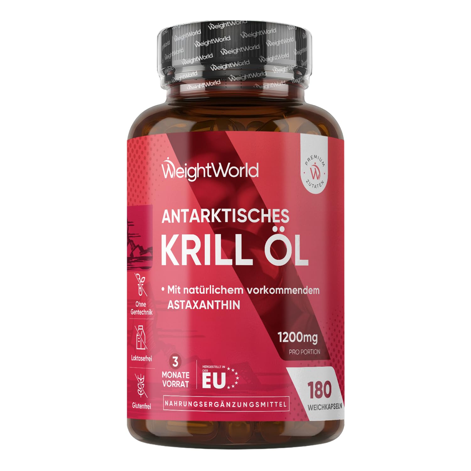 WeightWorld Antarktisches Krillöl Weichkapseln - 1200 mg pro Portion Liefert Omega 3, DHA, EPA, Astaxanthin, Cholin, Marine Phospholipide, 180 Softgels für 3 Monate, Gluten- & laktosefrei