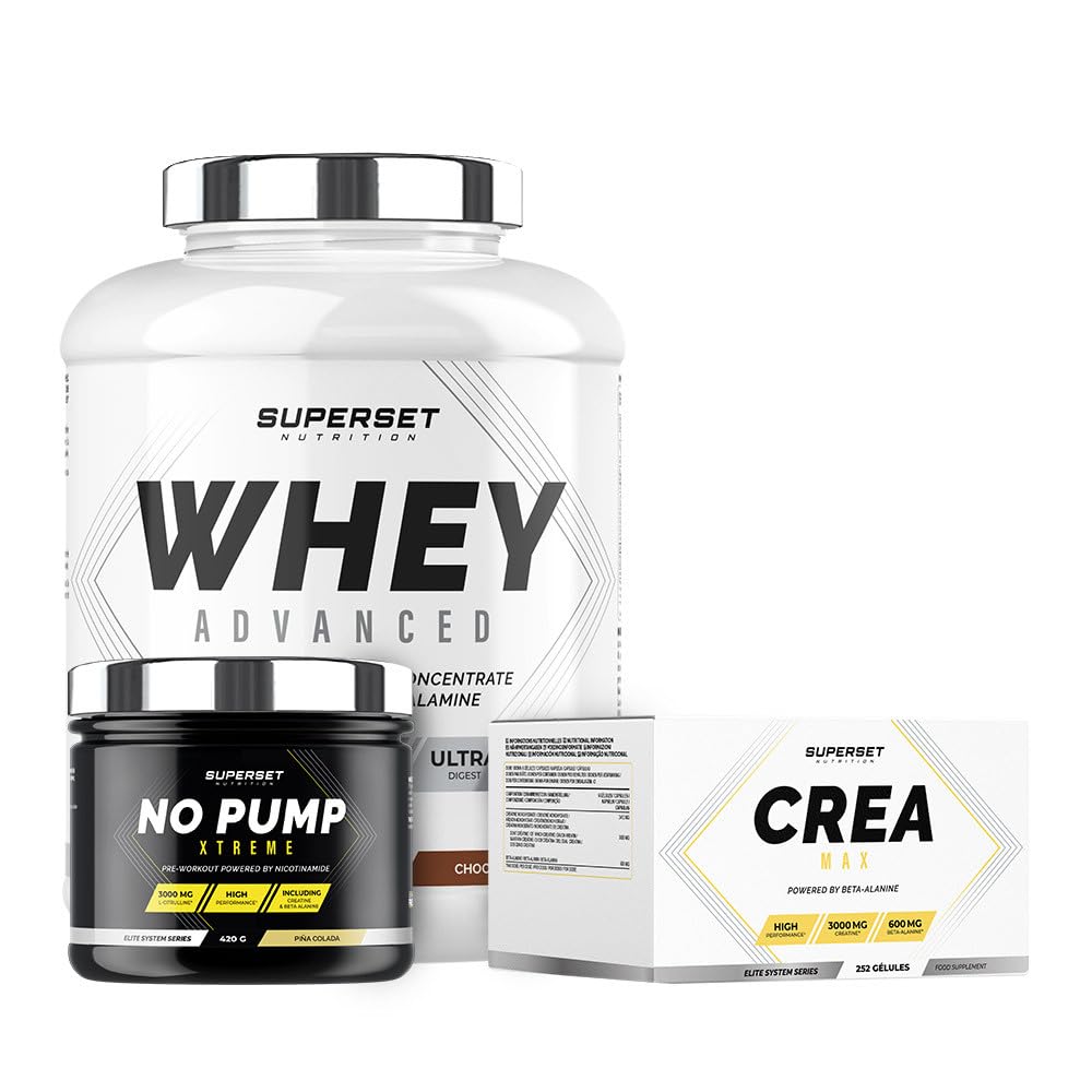 Programme Prise de Muscle Sec Confirmé - 100% Whey Proteine Advanced 2kg Chocolat - No Pump Xtreme Pina Colada - Créa Max