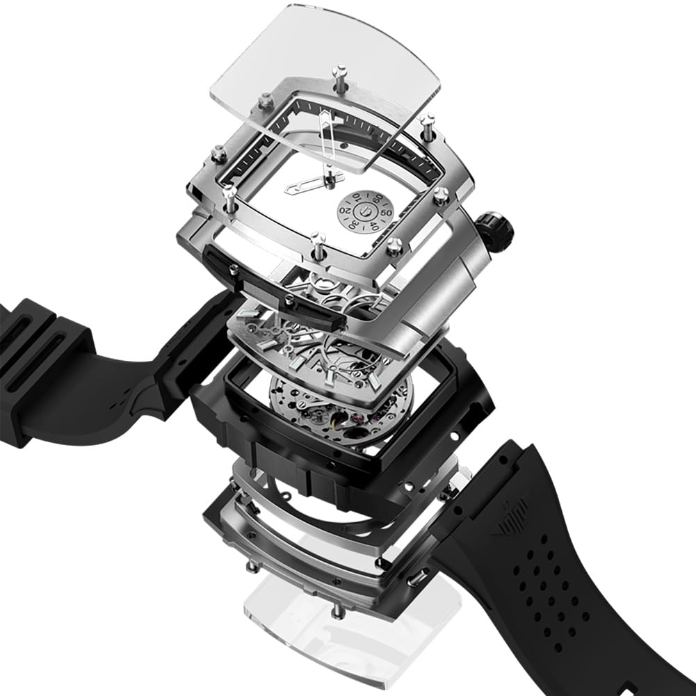 OUPINKE Watch Men Self Winding Luxury Skeleton Mechanical Business Dress Square Wrist Watches Calendar Black Watches