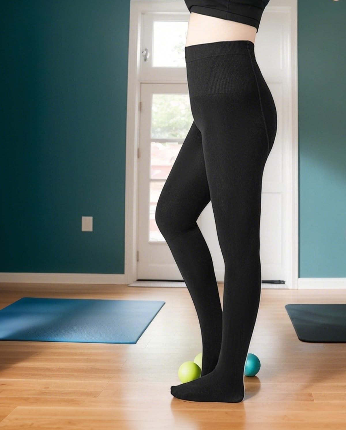 Medias para mujer, con forro polar, cálidas, opacas, con parte superior de control, Negro -, XL