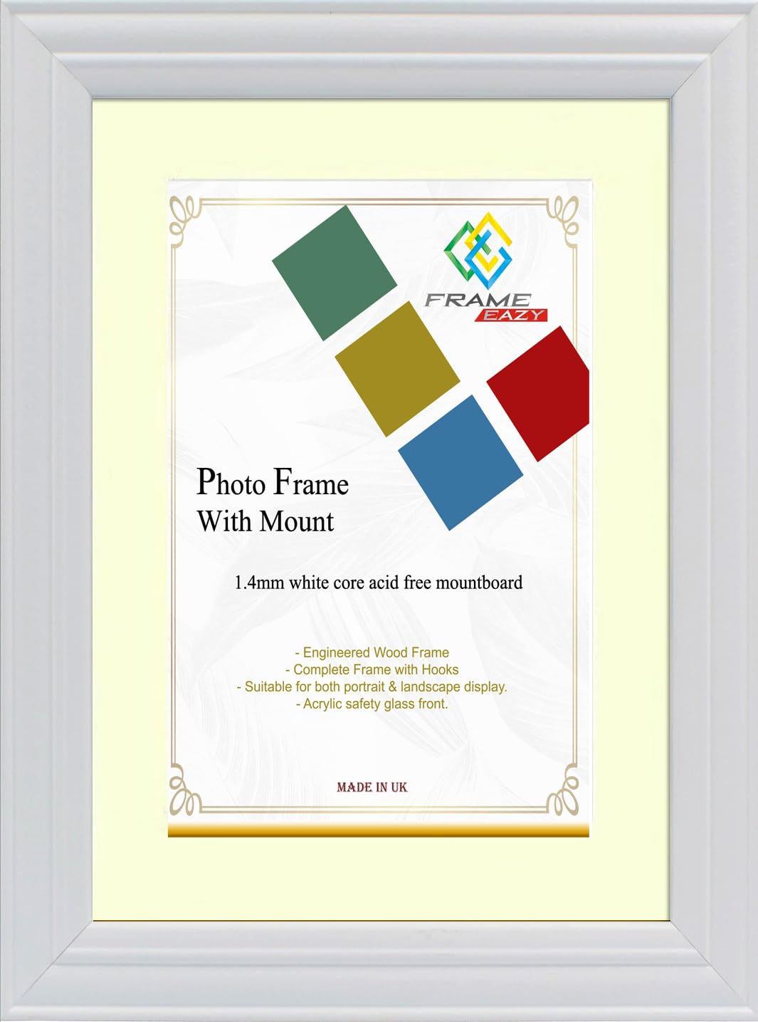 FRAME EAZY White 8x8 Photo Frame with 6x6 Ivory Mount - Antique Style Picture Frame With Safe Perspex Front - Frame 8" x 8" For Picture Size 6" x 6"