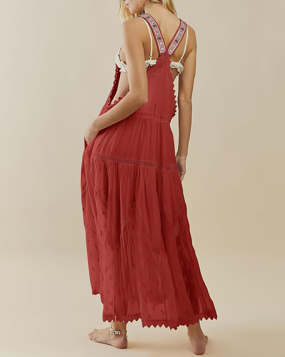 ebossy Women's Laced Embroidered Tulle Bib Dress Casual Loose Adjustable Straps Maxi Dress