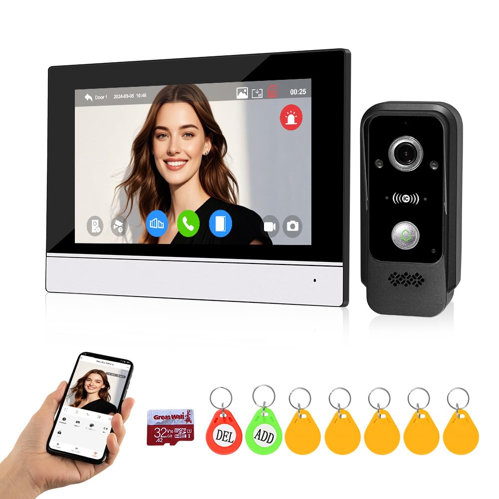 WiFi Sistema Videocitofono a Campanello 1080P HD Videocamera RFID con Monitor da 7 Pollici Touch Screen per la Casa, IR di Visione Notturna, Registrazione, Tuya APP Sblocco