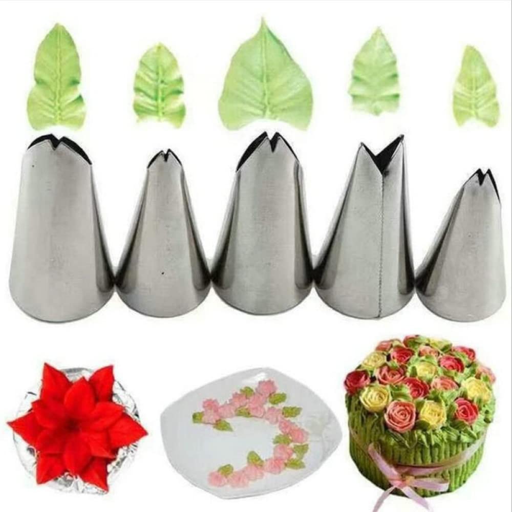 Herramientas de decoración de pasteles DIY, puntas for tuberías de pasteles, juego de 5 piezas, boquillas de hojas, boquillas for glaseado de acero inoxidable, puntas de repostería for fonda