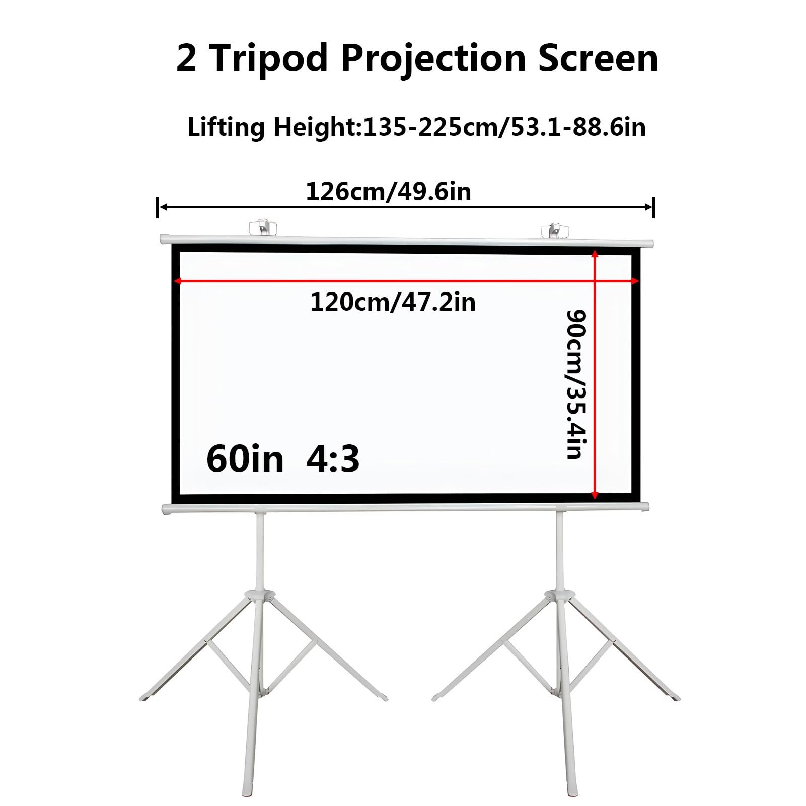 Ekran Projekcyjny na 2 Statywie, 60/72 Cale 16:9 4K HD, Ekran Projektora Filmowy z Powłoką Antyodblaskową do Salonu/Sypialni, Montaż na Ścianie lub na Statywie(60in)