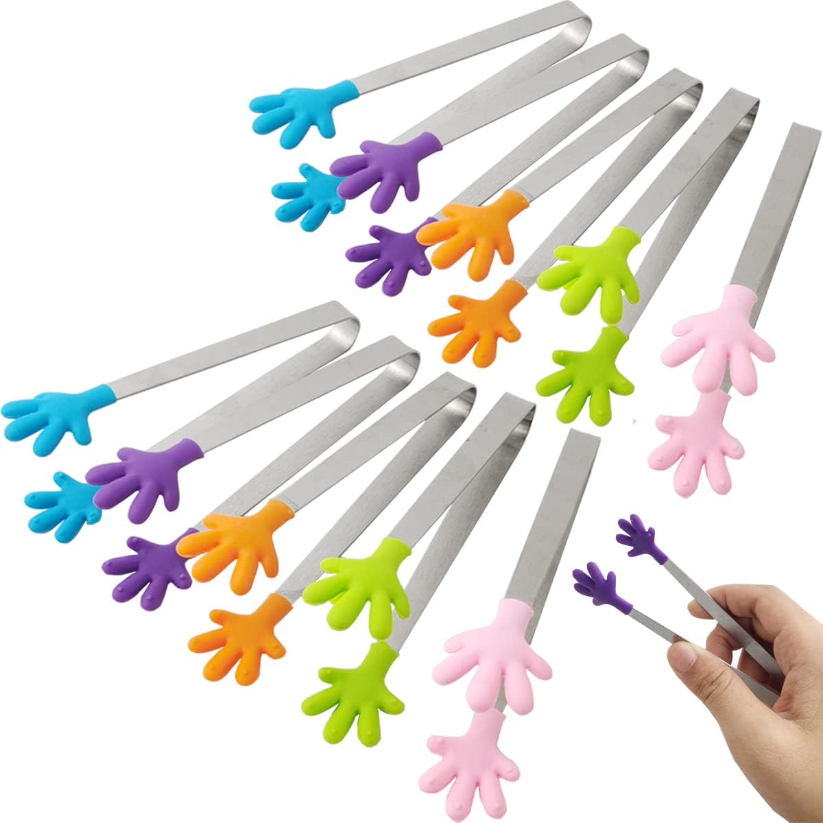 GXXMEI 10PCS Mini Tong, Hand Shape Silicone Food Tongs, 5Inch Kid Tongs for Sugar Cubes, Serving Food, Colorful Kitchen Tongs Perfect for Kids