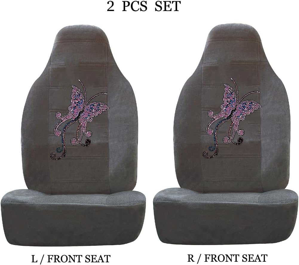 ALLBrand Universal Fit Car SUV Truck Crystal Bling Rhinestone Studded Grey High Back Front Bucket Seat Covers - Pack of 2 (Pink Butterfly/Grey)