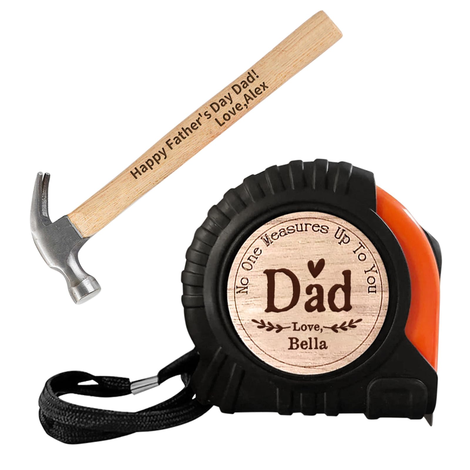 Personalized Tape Measure and Hammer Tool Set for Dad, Custom Engraved Measuring Tape adn Wood Handle Hammer Set, Valentines Father's Day Birthday