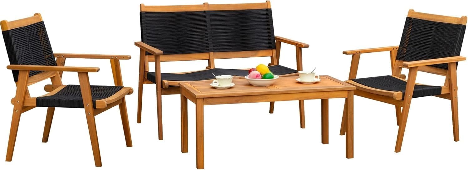4 Pieces Wood Patio Conversation Sets with Hand Woven Rope Seats and Back Outdoor Chair and Table Patio Furniture Set for Backyard Porch Balcony Poolside(Black)
