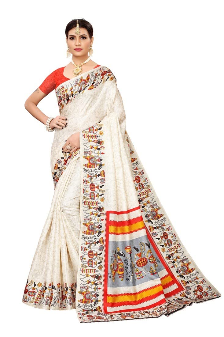 Tarshika Women's Printed Art Silk Saree With Blouse Piece, Orange, One Size