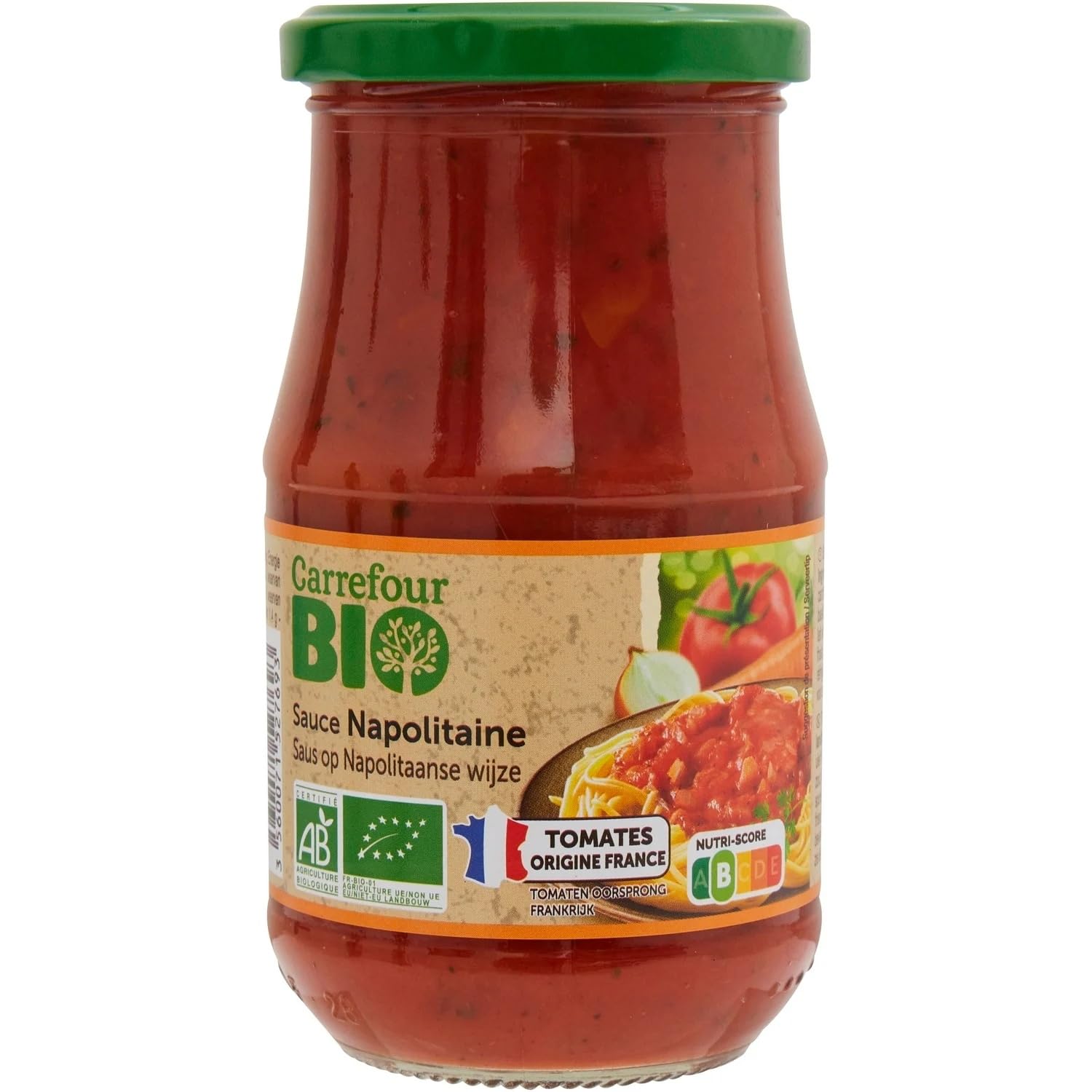 CARREFOUR BIO - Sauce Bio Napolitaine - Tomates Origine France · Huile D'Olive Vierge Extra · Basilic et Origan Bio · Idéale pour les Pâtes et les Plats Italiens - Le Bocal de 350g - Le Lot De 4