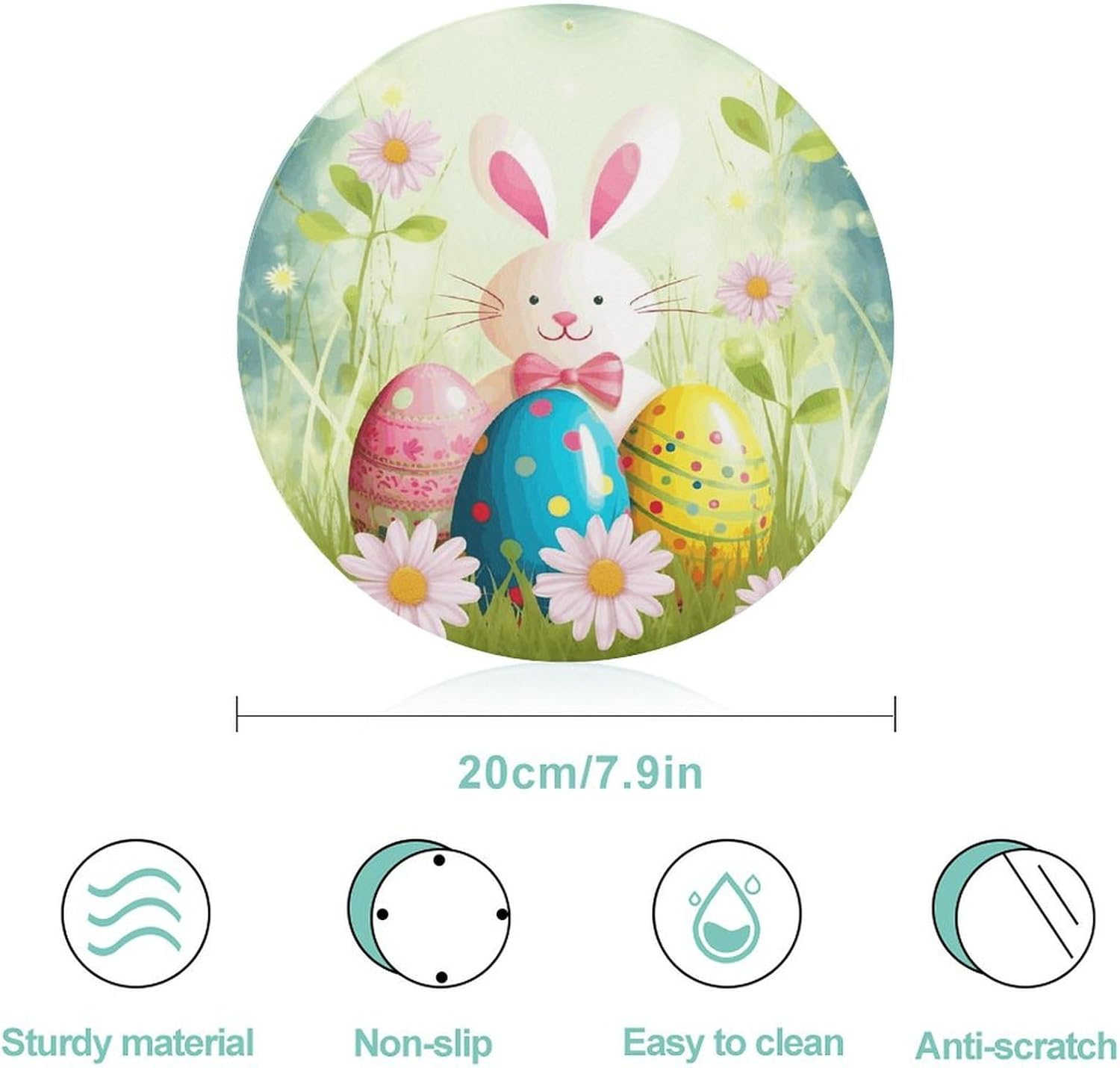 Spring Happy Easter Holiday Cutting Board Portable Small Chopping Boards Tempered Glass Kitchen Counter Protector Non-Slip Round Charcuterie Boards Mat for Bar Cheese Board