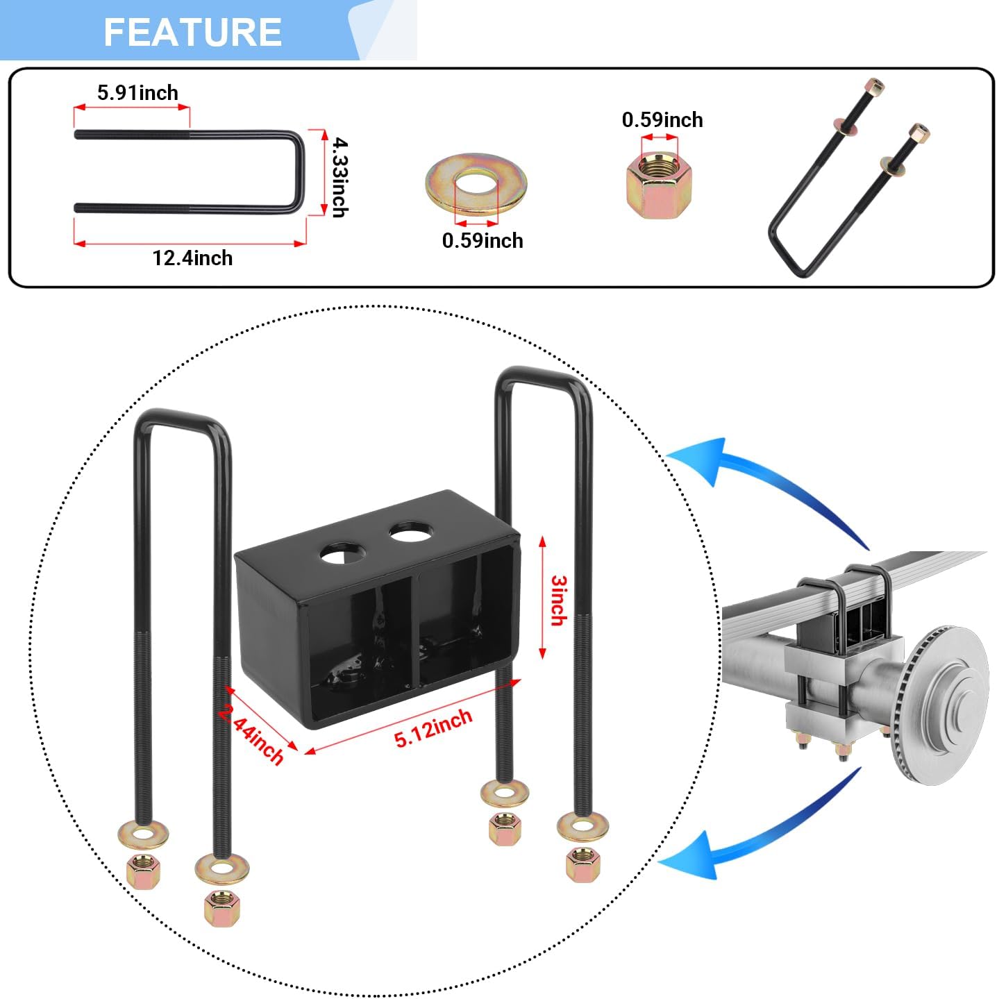 3 Inches Rear Lift Block Kits Compatible with 2004-2022 Ford F-150 2WD 4WD, 3'' Rear Leveling Lift with Extra Long Extended Square U-Bolts Set and Square Leaf Spring Axle Cross Block, 2PCS